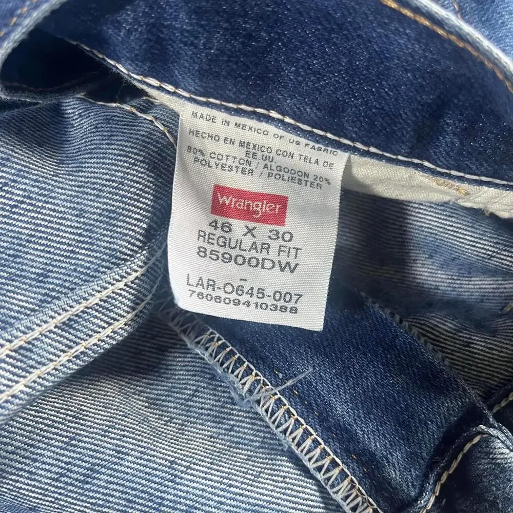 Wrangler 46 x 30 Blue Denim Jeans Regular Fit Men's Blue Denim Jeans Work pants
